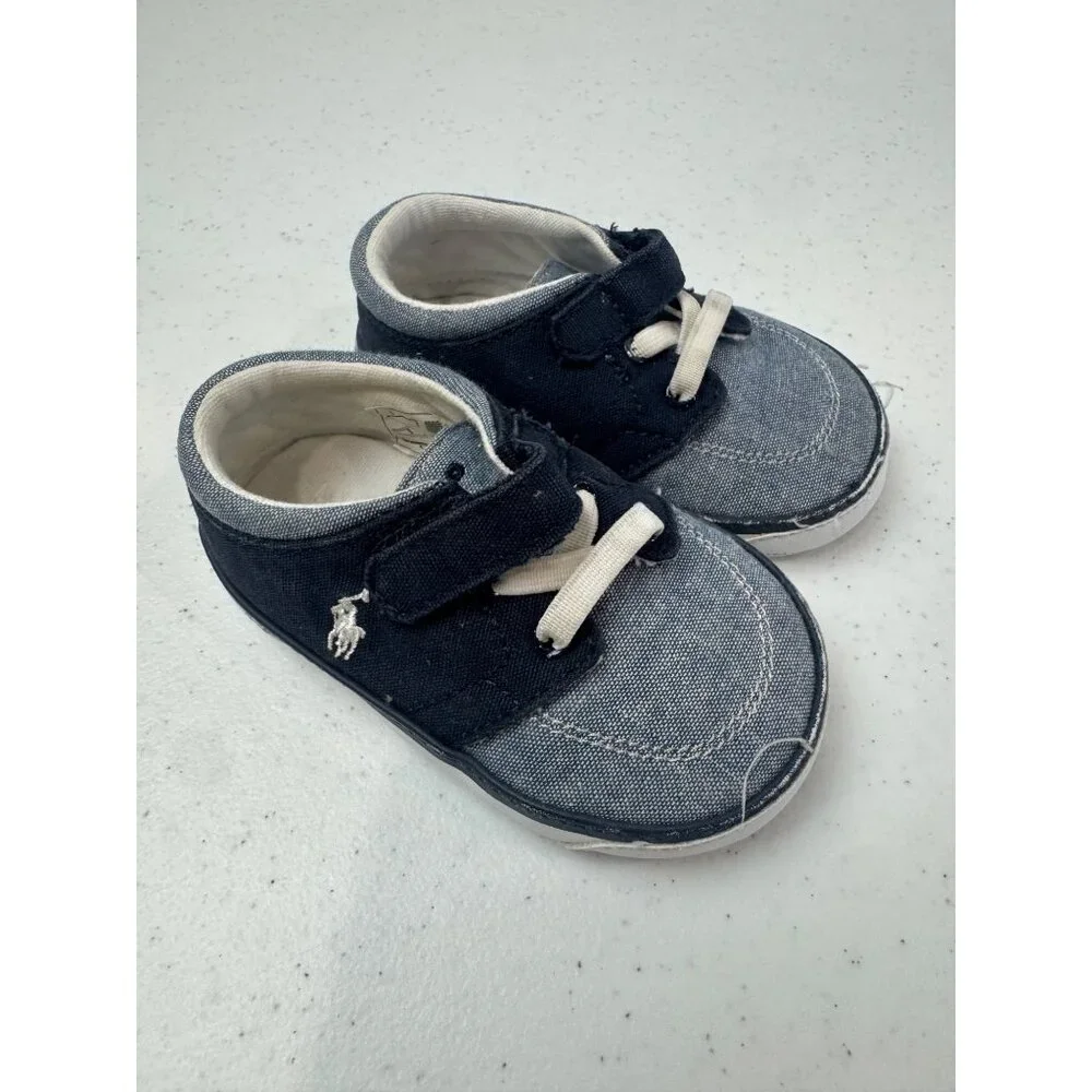 Ralph Lauren Polo Baby Boys Navy & Denim Canvas Shoes With Velcro Strap Size 2 S